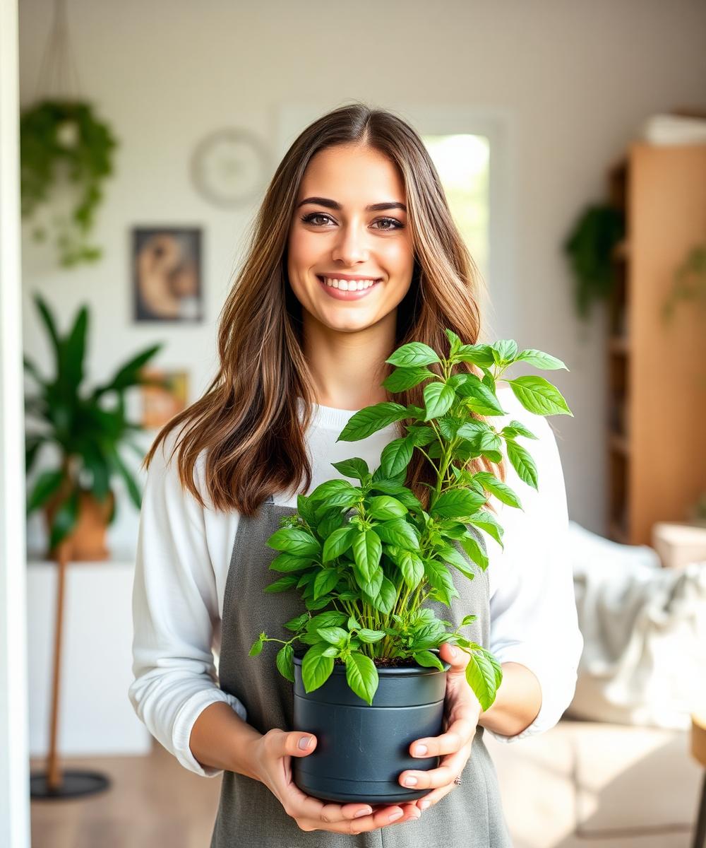 Verdant Predaplant founder in her apartment holding a basil plant