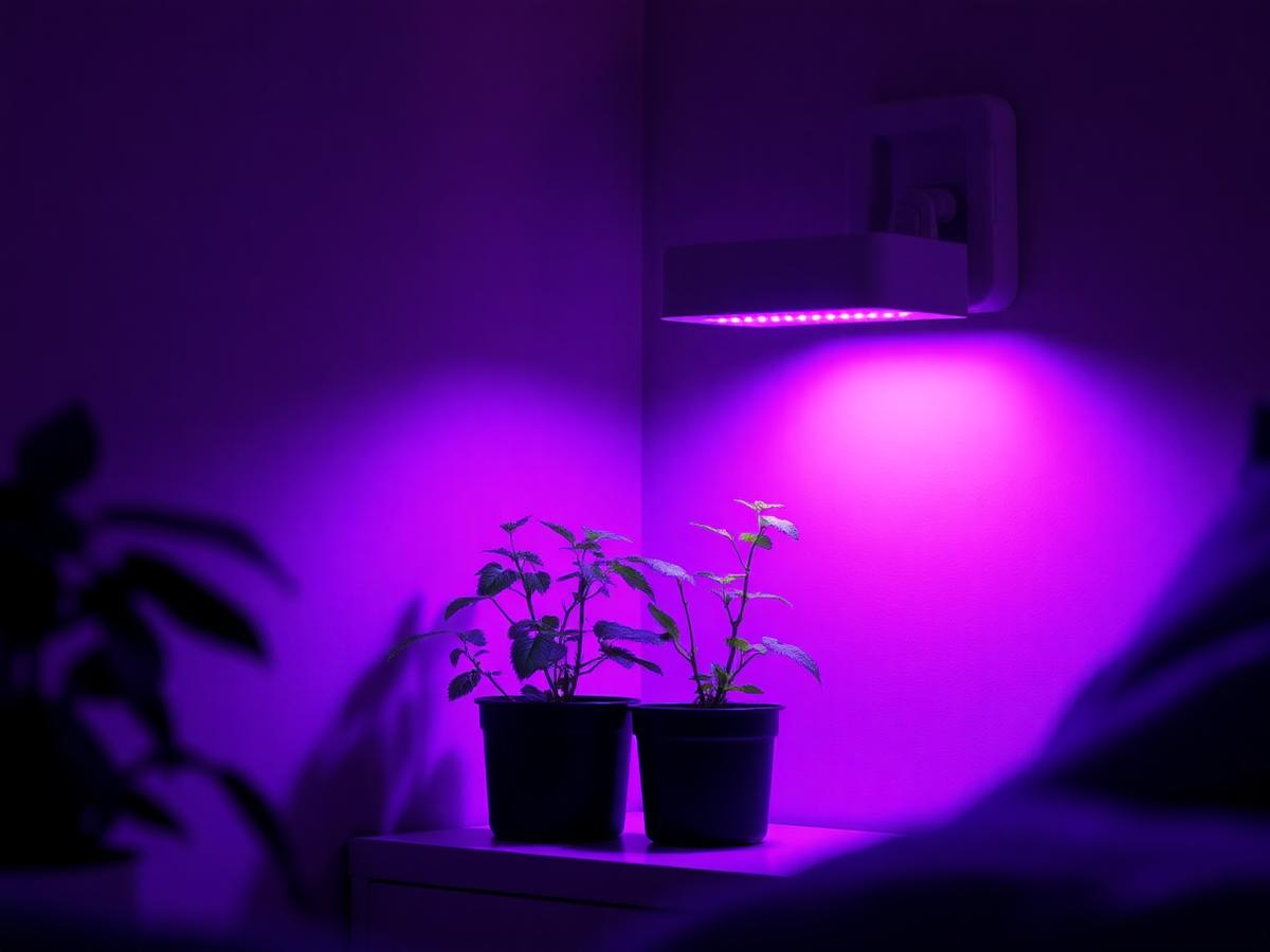A soft LED grow light illuminating young herbs in a dim apartment corner