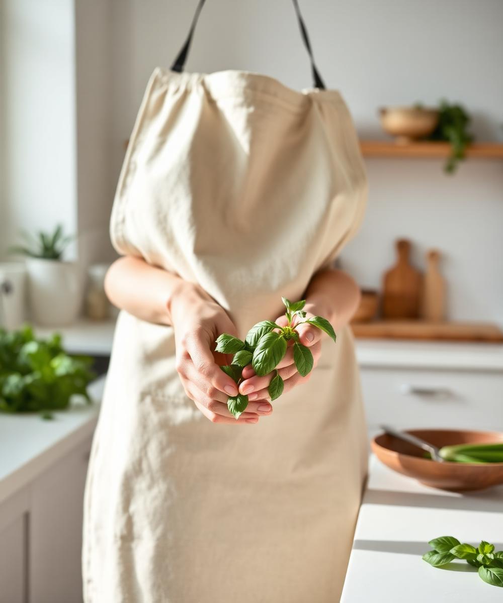 Hands holding fresh basil in a bright minimalist kitchen