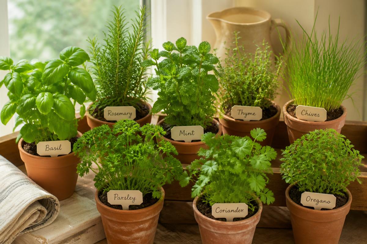 Fresh herb plants in terracotta pots on a wooden windowsill