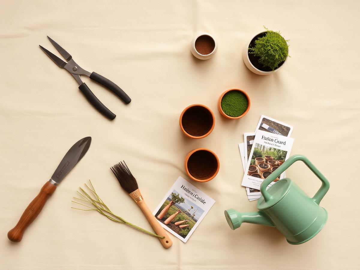 Flat lay of herb gardening tools: pruners, terracotta pots, seed packets, watering can