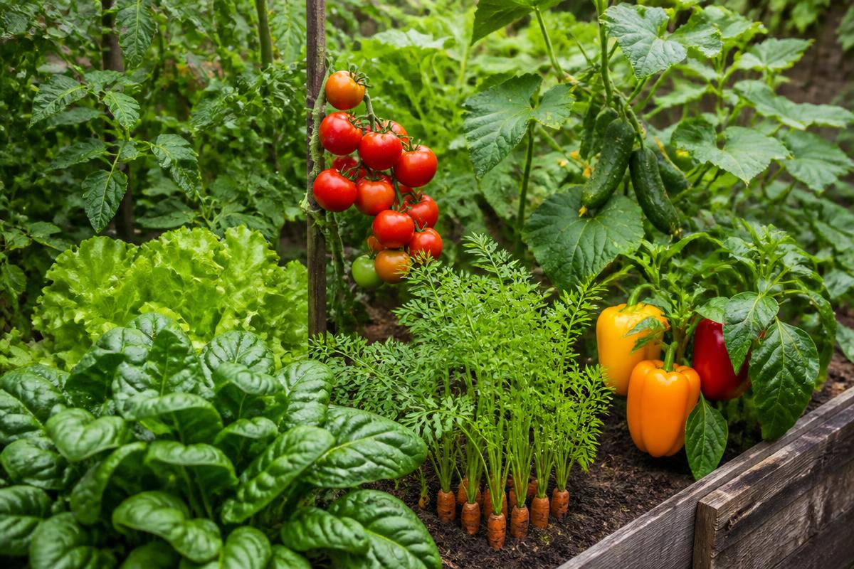 Fresh vegetables growing in a raised garden bed